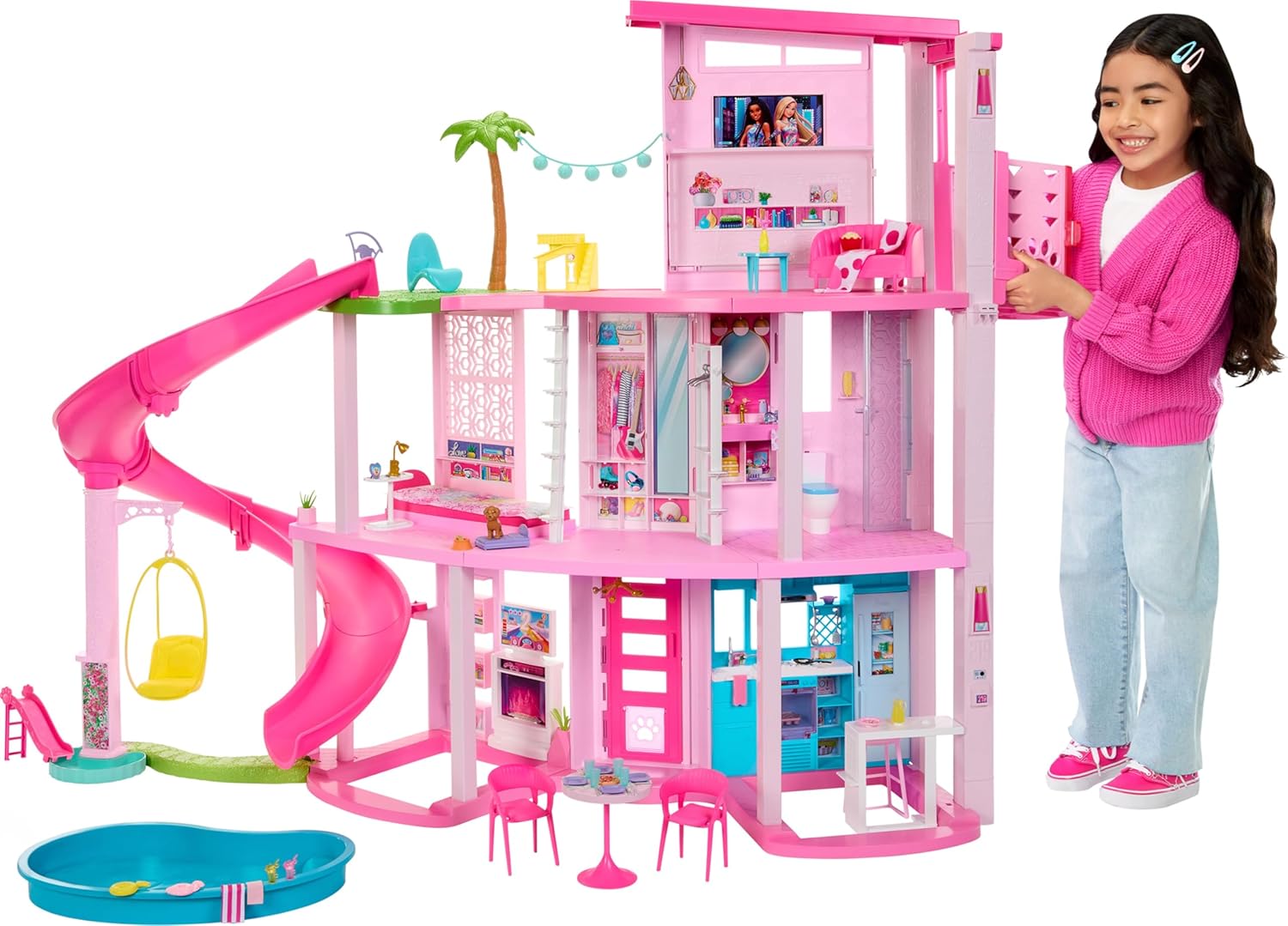 Barbie Dreamhouse, Pool Party Doll House with 75+ Pieces and 3-Story Slide, House Playset, Pet Elevator and Puppy Play Areas - Mattel - 