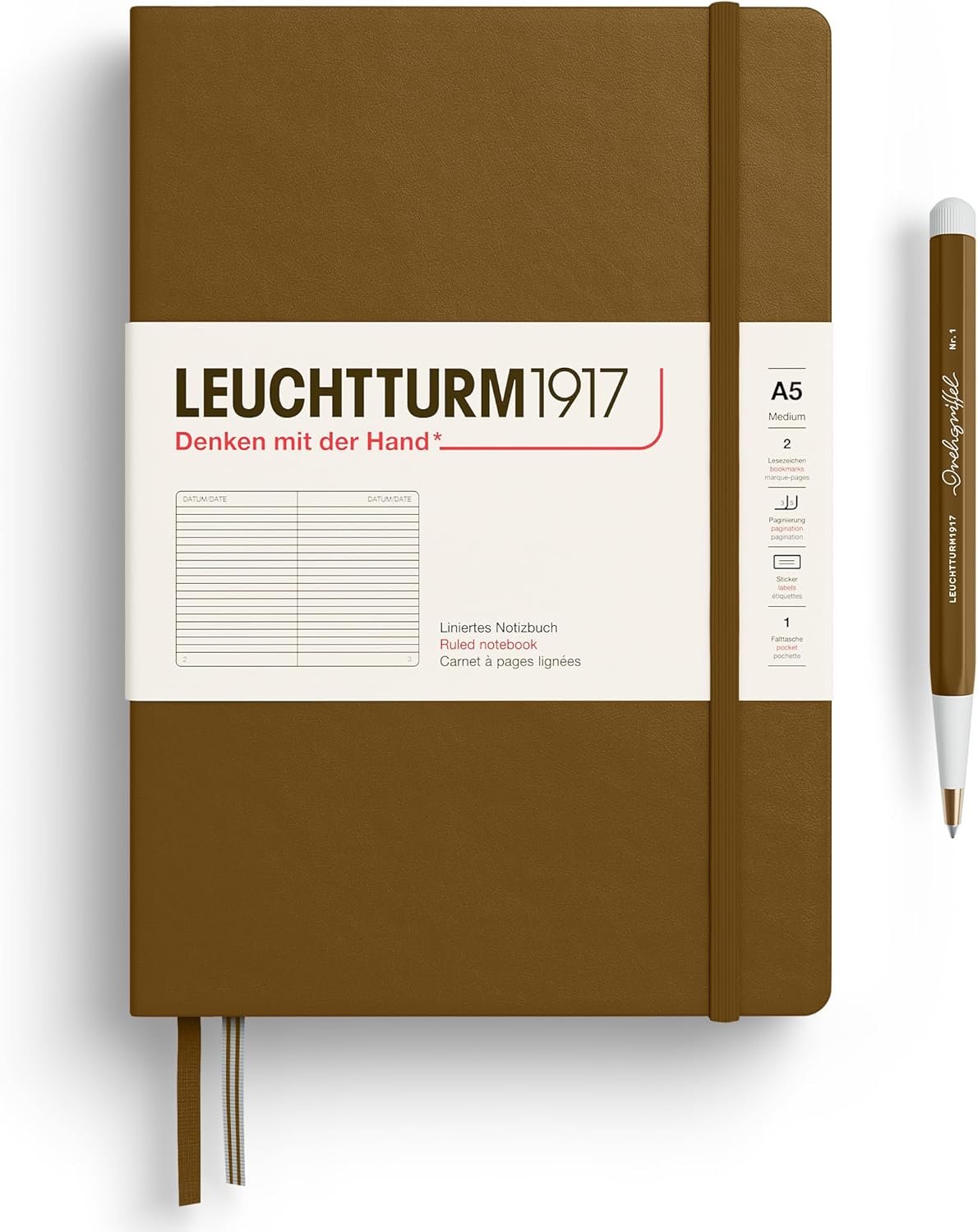 LEUCHTTURM1917 - Notebook Hardcover Medium A5-251 Numbered Pages for Writing and Journaling - Thinking Ahead (Ruled Paper, Spice Brown) - Leuchtturm1917 - 