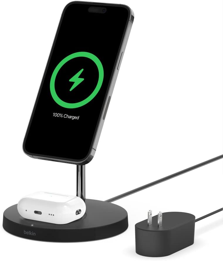 Belkin MagSafe 2-in-1 Wireless Charging Stand for Apple iPhone 16, iPhone 15, iPhone 14, & iPhone 13 Series & AirPods - MagSafe Fast Charging Station for Multiple Devices - Black - Belkin - 