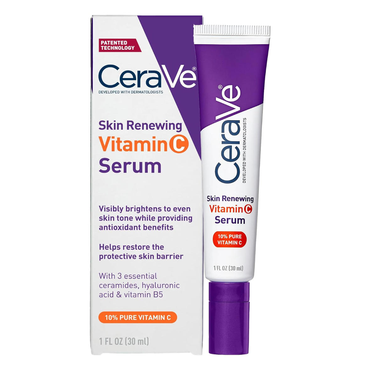 CeraVe Vitamin C Serum with Hyaluronic Acid, Skin Brightening Serum for Face with 10% Pure Vitamin C, Fragrance Free, 1 Fl. Oz