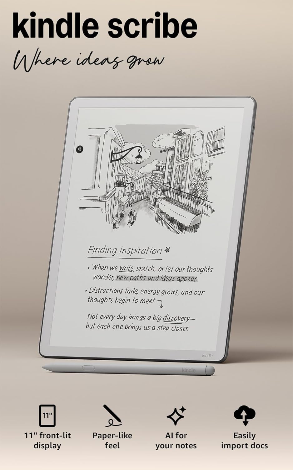 Amazon Kindle Scribe 64GB (newest model) — 11” paper-like display with front light — Thinner, lighter, faster — Write in notebooks, documents, and books. Includes Premium Pen - Graphite - Amazon - 