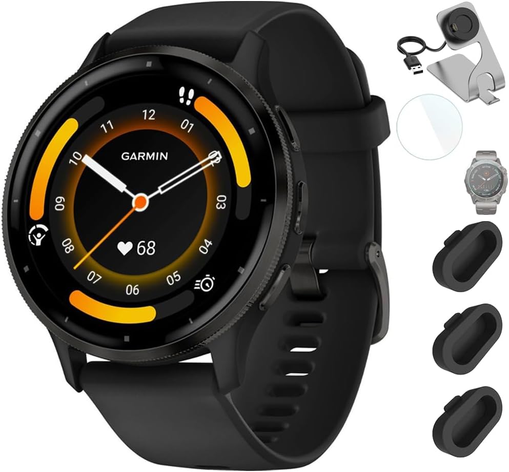 Garmin Venu 3 Health and Fitness GPS Smartwatch Steel Bezel w/Black Case (45mm) Bundle with Charging Dock Venu 3 + Deco Essentials Silicone Dust Cover - 3 Pack + 1.4 Inch Screen Protector - Garmin - 