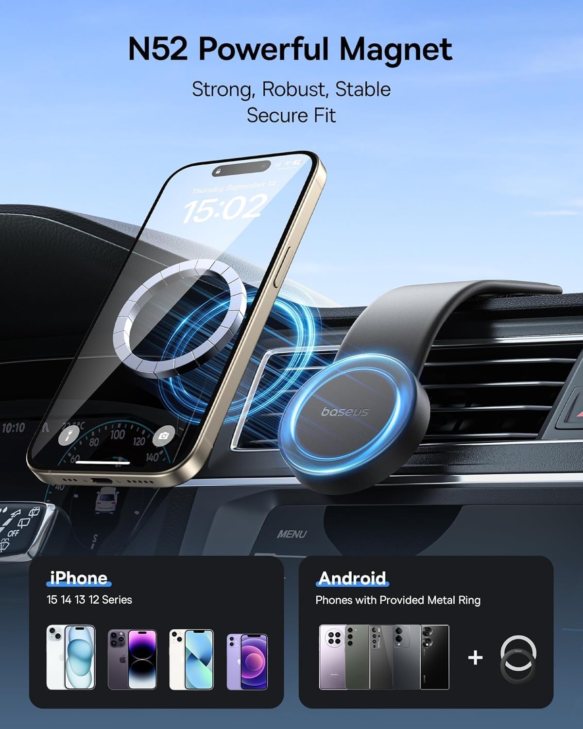 Baseus for Magsafe Car Mount, 25N Magnetic Phone Holder for Car, Cell Phone Car Mount Compatible with iPhone 17 to 13 Pro Plus Max Mini, Bendable Memory Titanium Alloy for All Dashboard - Amazon - 