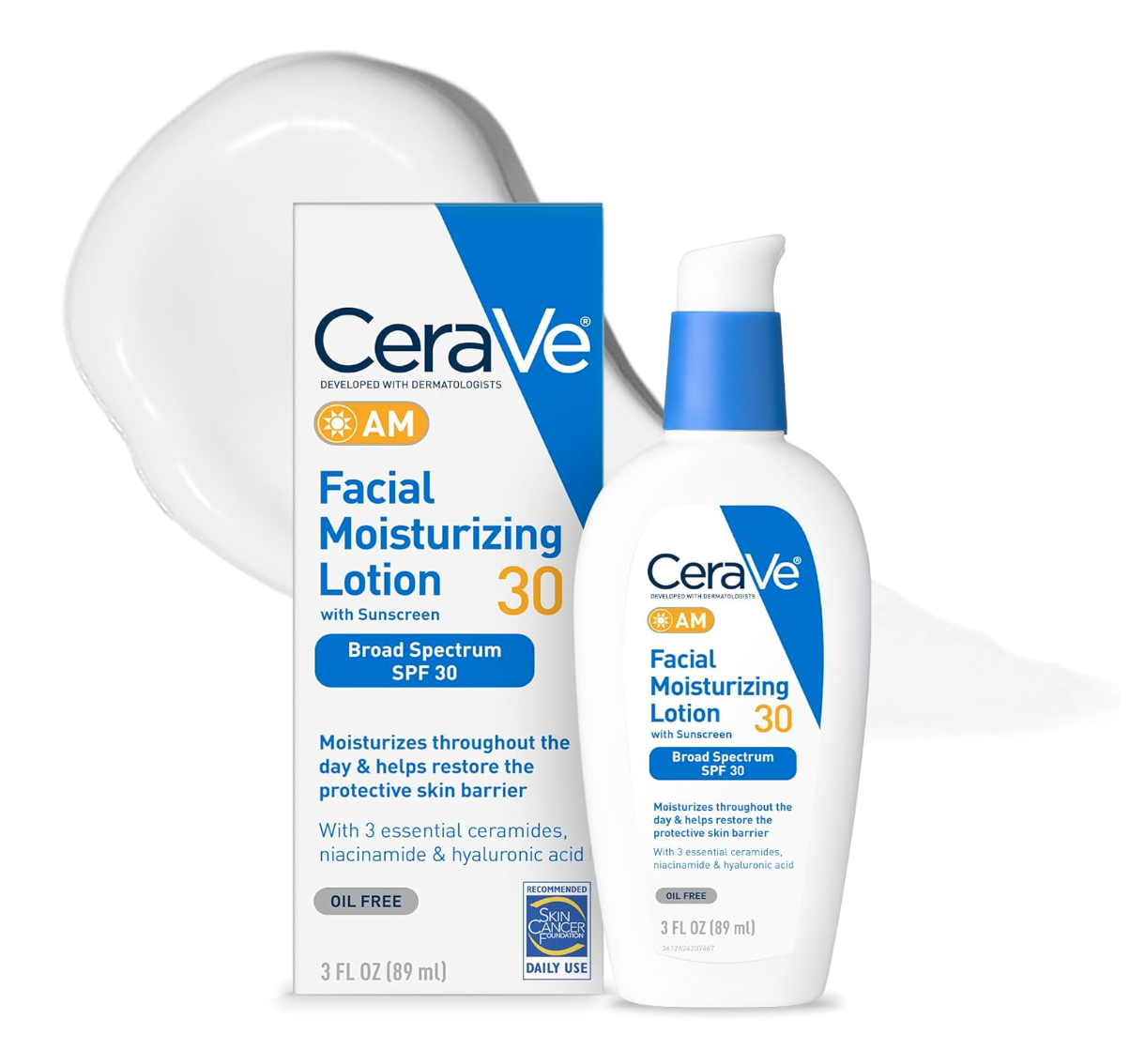 CeraVe AM Facial Moisturizing Lotion with SPF 30, Oil-Free Face Moisturizer with SPF, Formulated with Hyaluronic Acid, Niacinamide & Ceramides, Non-Comedogenic, Broad Spectrum Sunscreen, 3 Ounce