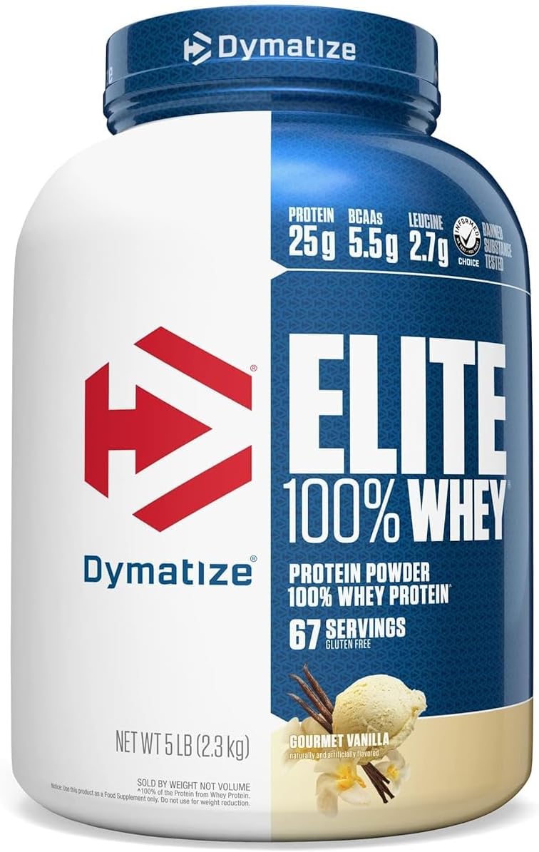 Dymatize Elite 100% Whey Protein Powder, Vanilla, 25g of Protein, 5.5g BCAAs, Less Than 140 Cal., Gluten Free, 2g Carb, 2g Sugar, 3g Fat (67 Servings) - Amazon - 