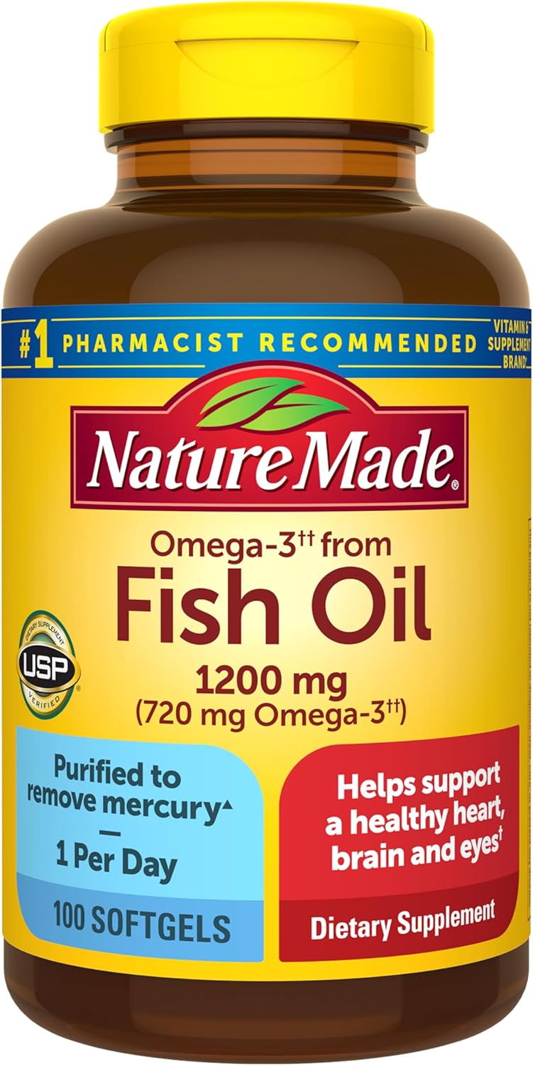 Nature Made Fish Oil Omega 3 Supplements, Omega 3 Fish Oil as Ethyl Esters 1200 mg Softgels, EPA DHA Supplement for Healthy Heart, Brain, Eye Support, One Per Day, 100 Softgels - Amazon - 