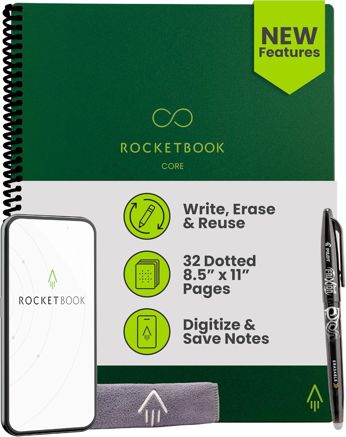 Rocketbook Core Reusable Smart Notebook, Dot Grid Pages For School, Work and Creative Projects, Letter Size 8.5x11, Green - Premium - Rocketbook - 